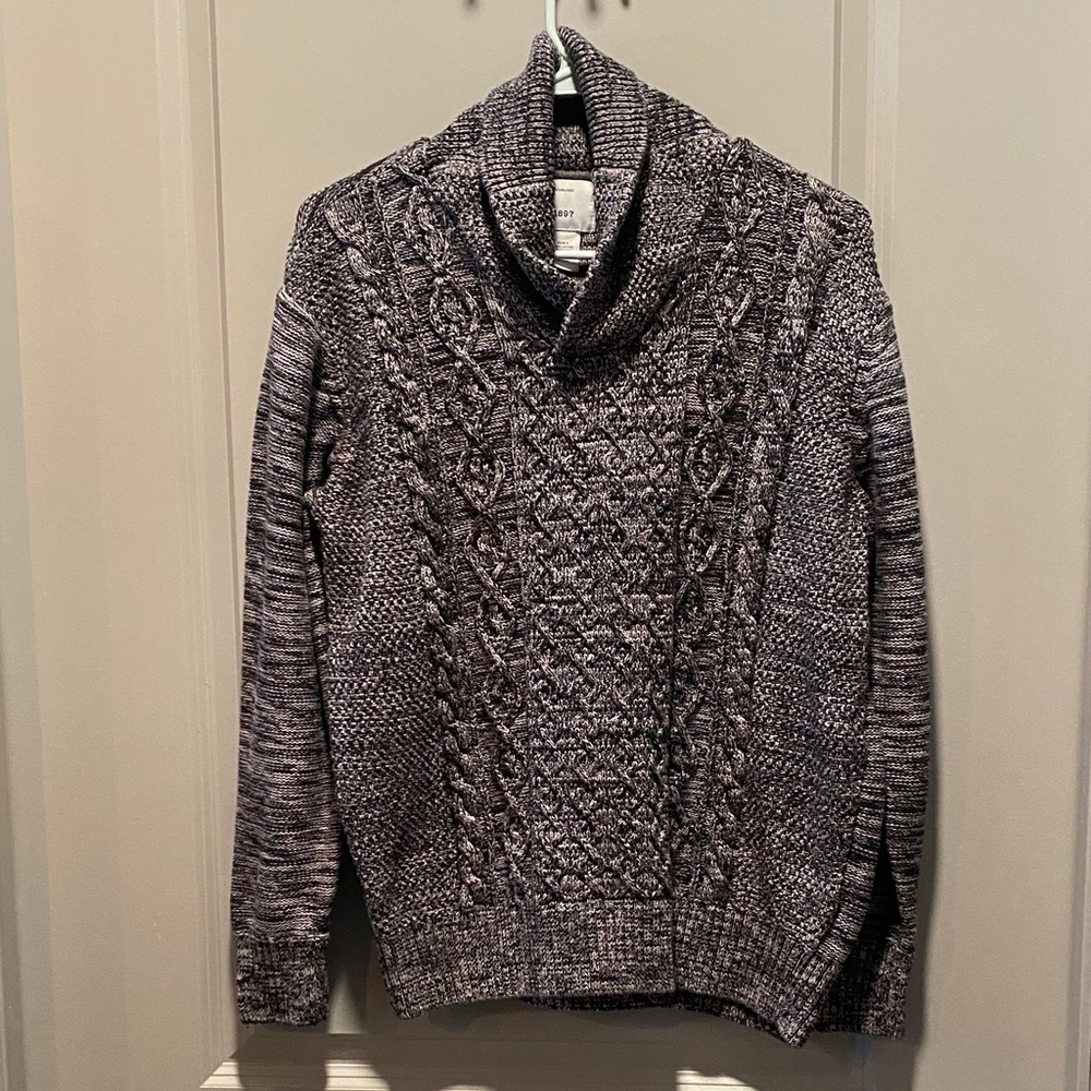 Established 1897 Cable Knit Sweater L Gray 100% Cotton Cowl Shawl Collar Chunky